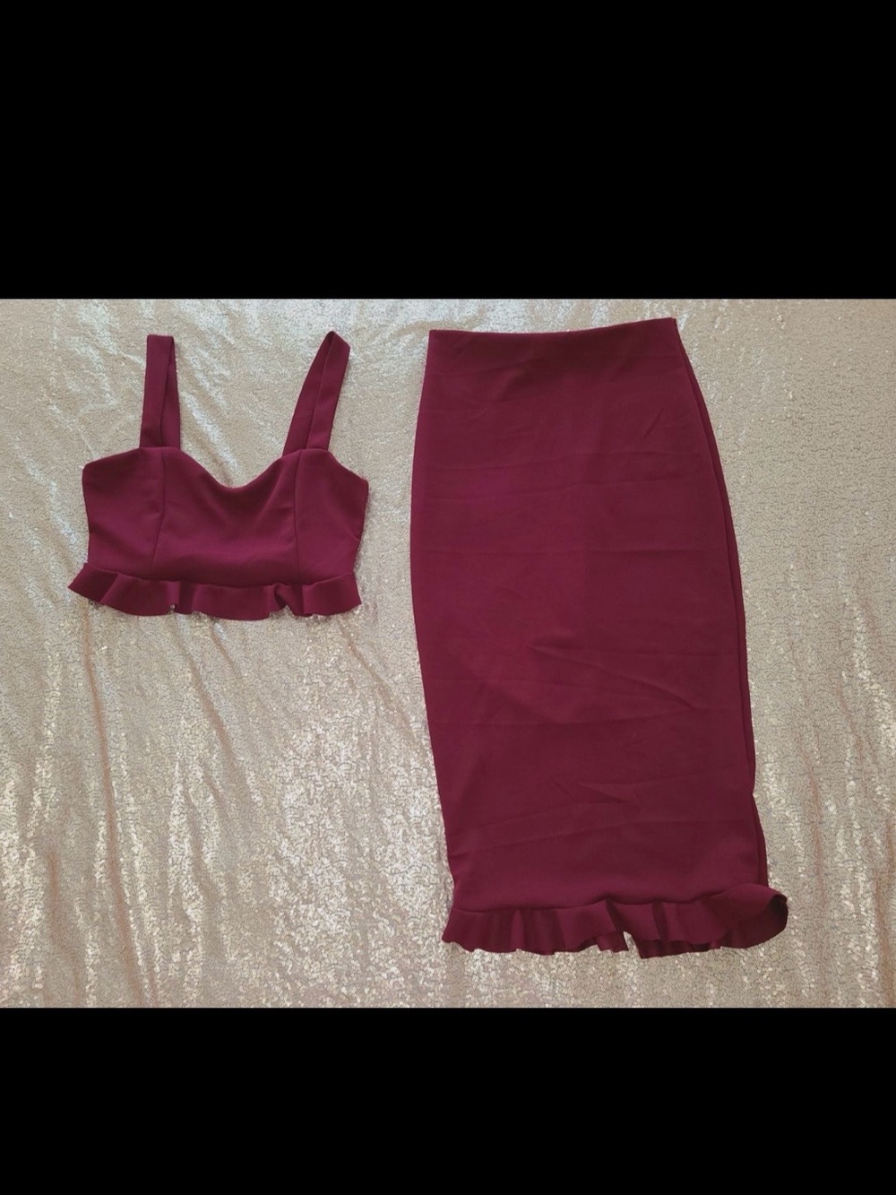 Women's Burgundy Ruffled Hem Pencil Skirt matching set